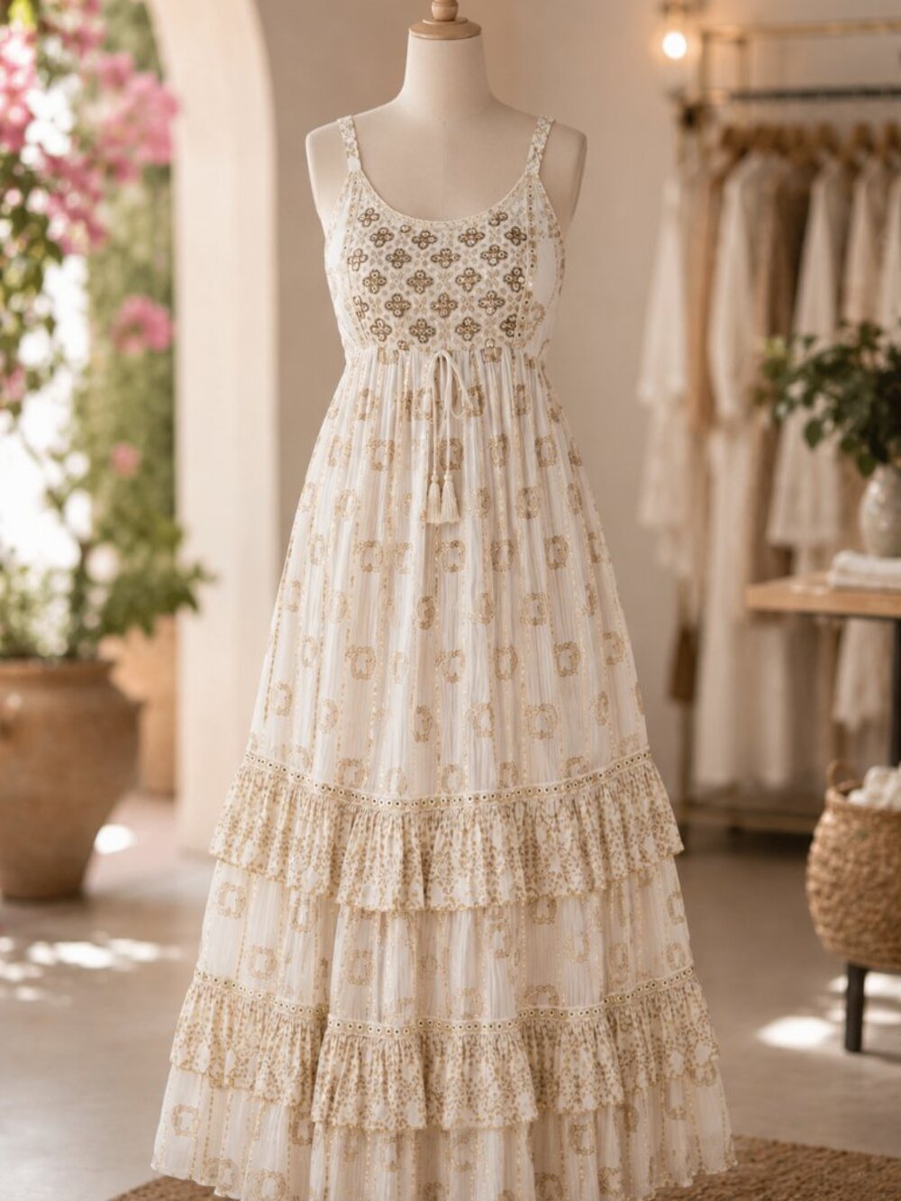 Boho Lace Maxi Dress Cream Tiered | Coastal Beach Vacation Resort Sundress - Picture 4 of 4
